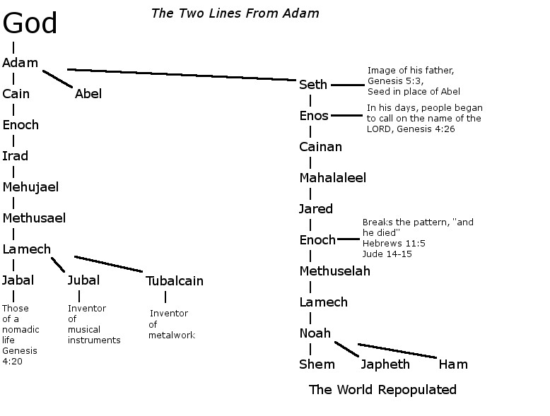 The genealogies of Cain and Seth A family tree of Cain and Seth.